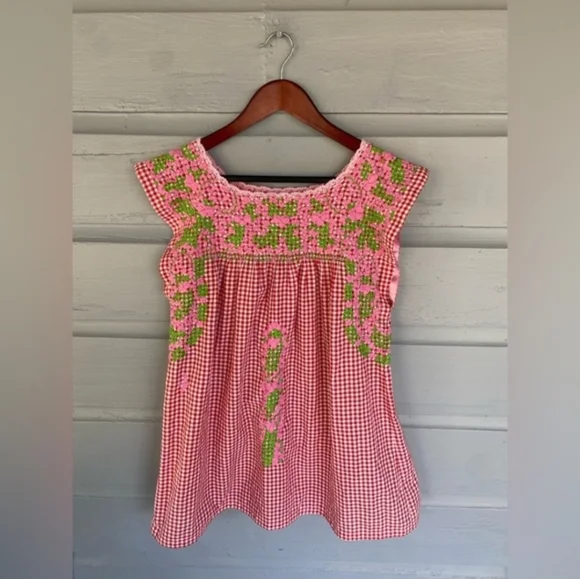 Mi Golondrina Pink & Green Gingham Floral Embrodiered Mexican Top Medium - Picture 1 of 4